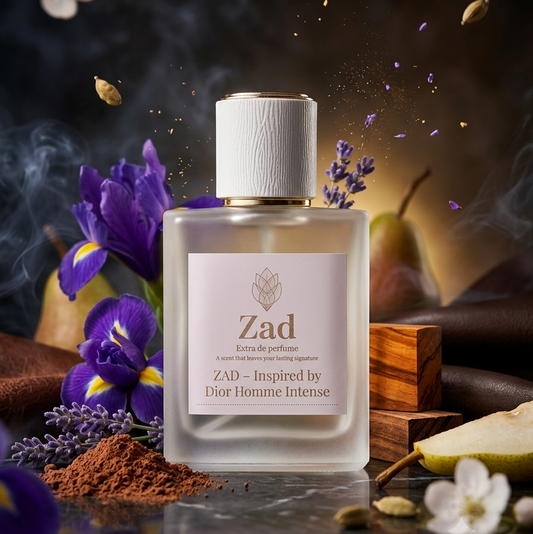 A frosted glass perfume bottle labeled 'Zad' stands centered on a reflective surface, surrounded by purple flowers, cocoa powder, seeds, and warm amber lighting against a dark smoky background.