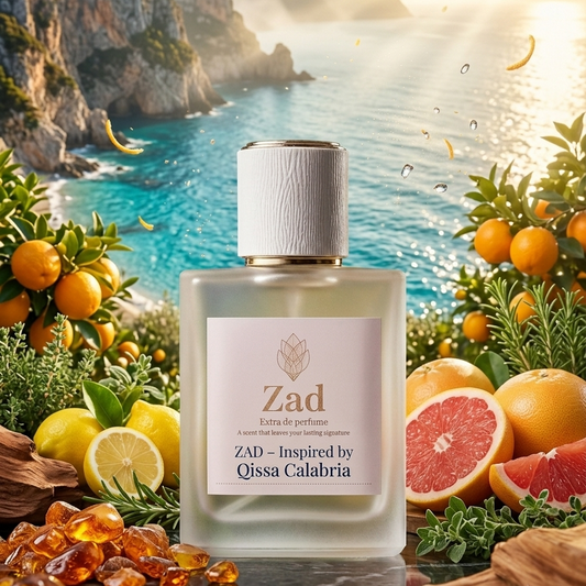 A rectangular glass perfume bottle labeled 'Zad' by Qissa Calabria, centered against a scenic coastal cliff background with turquoise water, warm sunlight, citrus fruits, and amber resin pieces. The bottle has a pale pink label and a textured light gray cap.